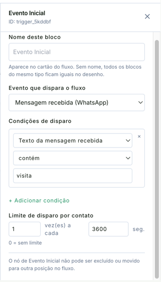Painel do Evento Inicial com o evento Mensagem recebida (WhatsApp), a condição de disparo Texto da mensagem recebida contém visita e o limite de 1 vez a cada 3600 segundos por contato
