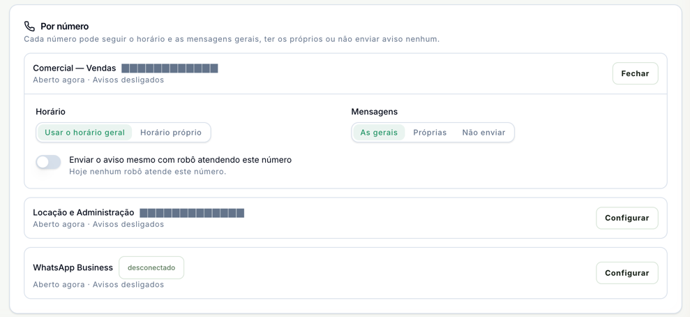 Bloco Por número com três números: Comercial — Vendas aberto em Configurar, com as escolhas de Horário e de Mensagens e o interruptor do robô; Locação e Administração e WhatsApp Business, este desconectado