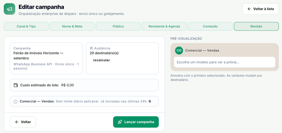 Etapa Revisão com o nome da campanha, o canal WhatsApp Business API e o envio único, a audiência de 20 destinatários com o link recalcular, o custo estimado do lote, o aviso de limite do número e o botão Lançar campanha