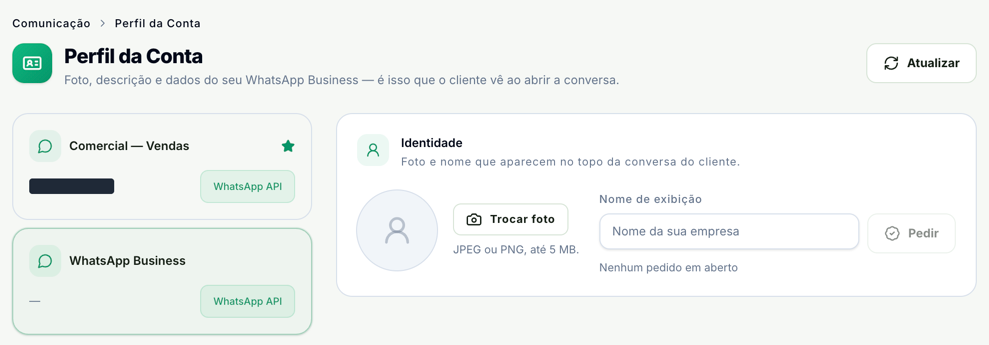 Perfil da Conta com os números oficiais à esquerda, WhatsApp Business selecionado, e o bloco Identidade com a foto, o botão Trocar foto e o campo Nome de exibição com o botão Pedir