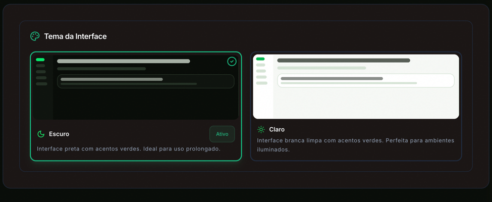 Tela Aparência depois de escolher Escuro: o fundo vira preto e o selo Ativo fica no cartão Escuro