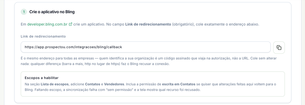 Passo 1 da tela, Crie o aplicativo no Bling: o link para developer.bling.com.br, o Link de redirecionamento com o botão de copiar, a explicação de que é o mesmo endereço para todas as empresas e o quadro Escopos a habilitar