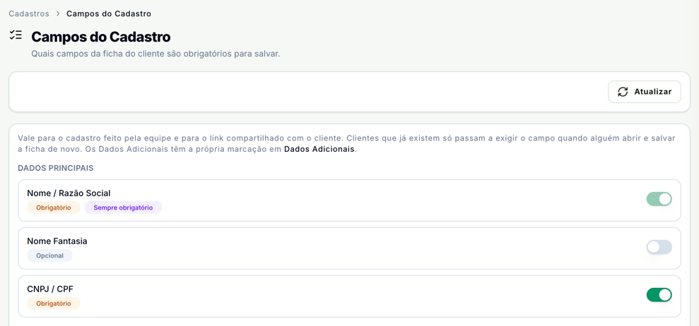 Tela Campos do Cadastro com o aviso sobre quem a regra alcança e o bloco Dados principais: Nome / Razão Social com os selos Obrigatório e Sempre obrigatório, Nome Fantasia opcional e CNPJ / CPF obrigatório, cada um com o seu interruptor