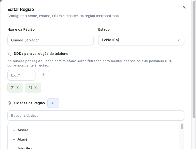 Janela Editar Região com o nome Grande Salvador, o estado Bahia, o campo de DDD com os DDDs 71 e 75 e o início da lista de cidades