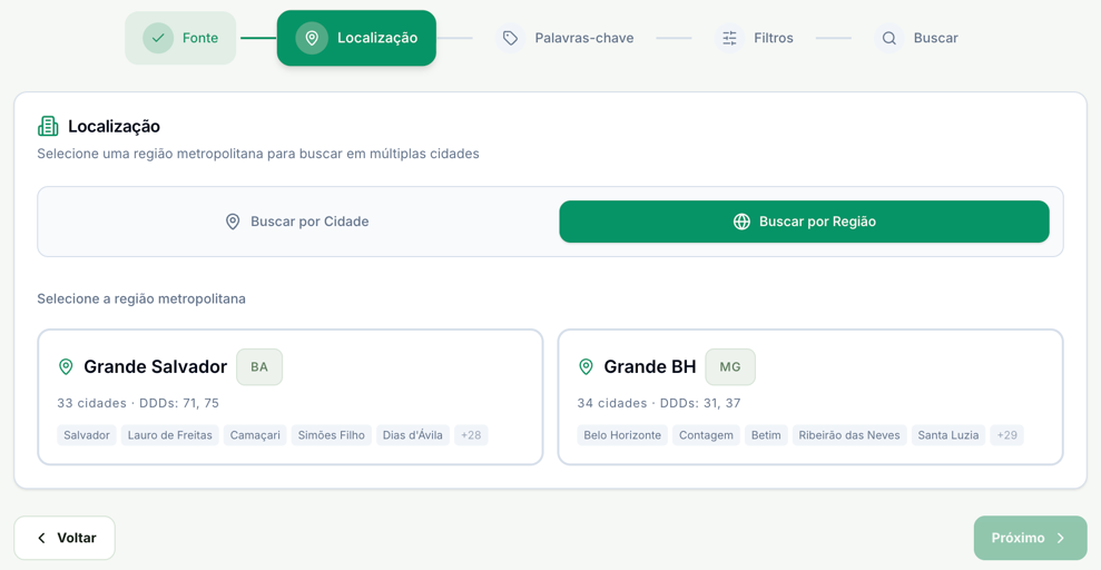 Etapa Localização da busca de Empresas Locais com Buscar por Região selecionado e as regiões Grande Salvador e Grande BH para escolher