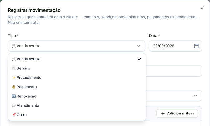 Janela Registrar movimentação com o seletor Tipo aberto: Venda avulsa, Serviço, Procedimento, Pagamento, Renovação, Atendimento e Outro