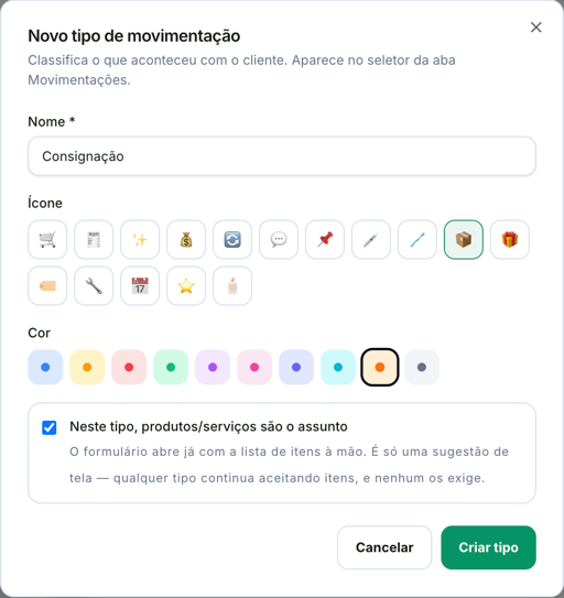 Janela Novo tipo de movimentação com o nome Consignação, o ícone de caixa, a cor laranja e a opção Neste tipo, produtos/serviços são o assunto marcada