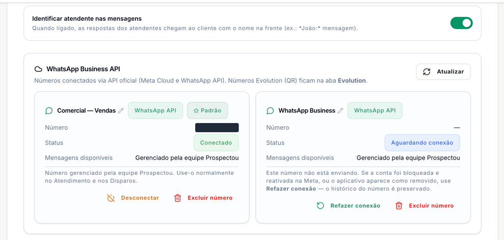 Tela de WhatsApp com Identificar atendente nas mensagens ligado e o bloco WhatsApp Business API com dois números: Comercial — Vendas, padrão e conectado, e WhatsApp Business, aguardando conexão, com os botões Desconectar, Refazer conexão e Excluir número