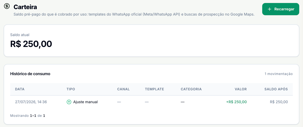 Tela Carteira com o saldo atual e o histórico de consumo
