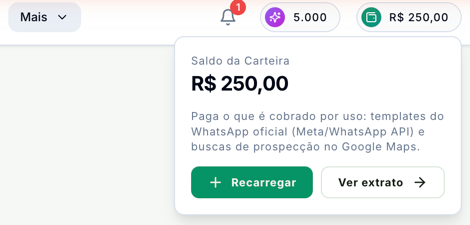 Saldo da carteira no topo da tela, com o resumo aberto e os botões Recarregar e Ver extrato