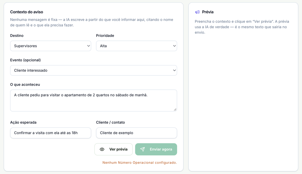 Aba Enviar com o Contexto do aviso preenchido: destino Supervisores, prioridade Alta, evento Cliente interessado, o que aconteceu, a ação esperada e o cliente; os botões Ver prévia e Enviar agora, este apagado, o aviso Nenhum Número Operacional configurado e, ao lado, o quadro Prévia