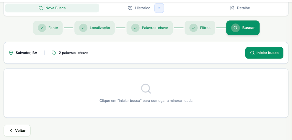 Etapa Buscar com o resumo Salvador, BA e 2 palavras-chave e o botão Iniciar busca