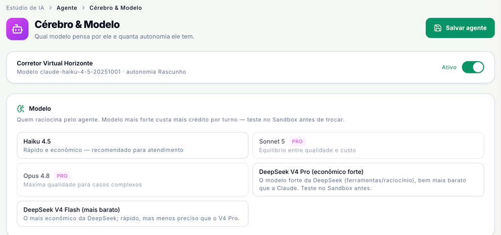 Tela Cérebro & Modelo com o bloco Modelo e as opções Haiku 4.5, Sonnet 5 e Opus 4.8 com o selo PRO, DeepSeek V4 Pro e DeepSeek V4 Flash, cada uma com uma linha de descrição