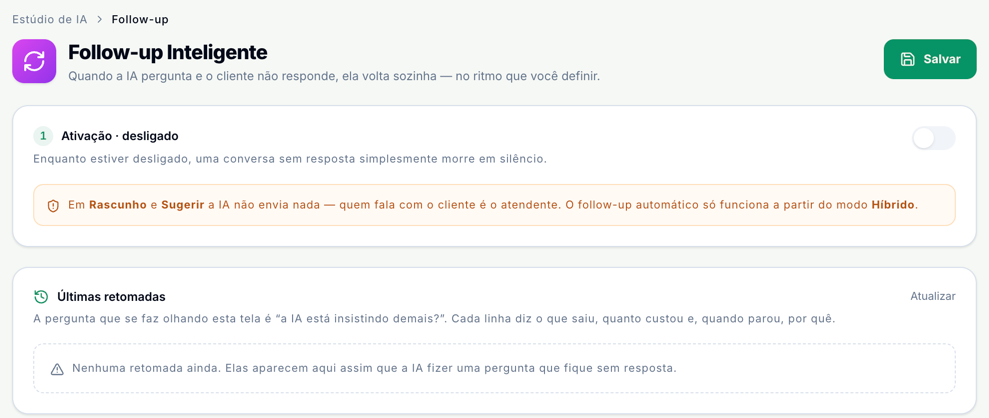 Tela Follow-up Inteligente com o botão Salvar, o bloco Ativação desligado com o aviso de que o follow-up automático só funciona a partir do modo Híbrido, e o bloco Últimas retomadas ainda vazio