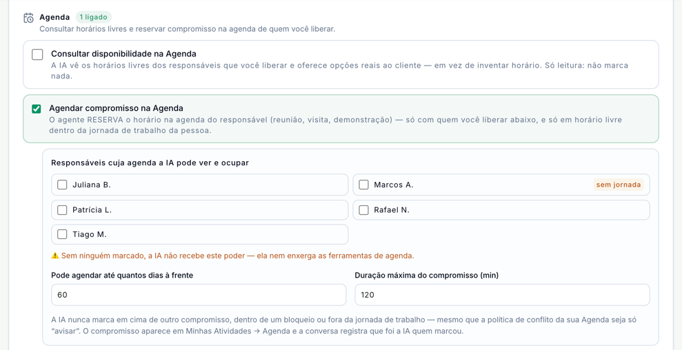 Grupo Agenda com Agendar compromisso na Agenda marcado e o escopo aberto: os responsáveis cuja agenda a IA pode ver e ocupar, um deles sem jornada, o limite de 60 dias à frente e a duração máxima de 120 minutos