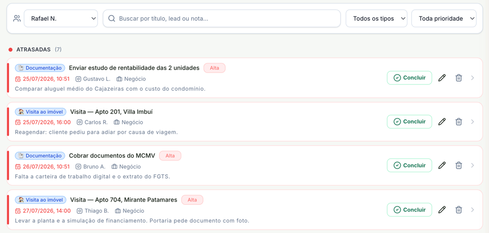 Lista filtrada por um atendente, com o grupo Atrasadas (7) e quatro atividades com o tipo, o título, a prioridade, o vencimento em vermelho, o contato, o vínculo com um negócio e a nota